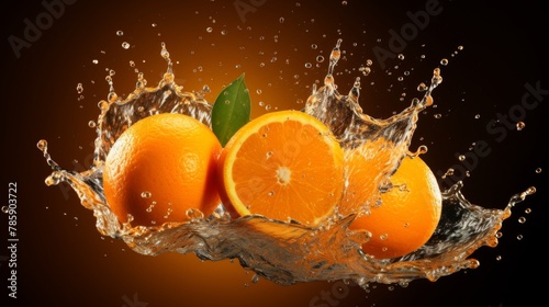 Oranges in splashes of water on a dark background. Promotional photo