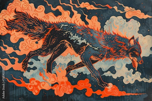 Illustration of a wolf running on fire with flames in the background