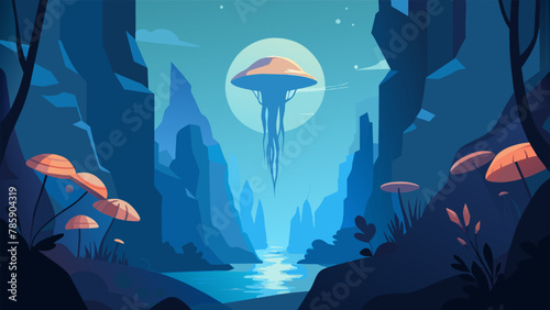Descend into the depths of this aquatic world where the ocean floor is decorated with petrified trees and giant glowing jellyfish float gently photo