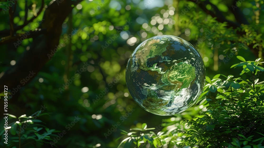 A captivating scene featuring a green earth globe set against a backdrop of majestic mountains and a clear blue sky. A captivating scene featuring a green earth globe set against a backdrop of majestic mountains and a clear blue sky.