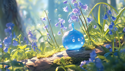 A blue blob creature sits on a log in a field of blue flowers. photo