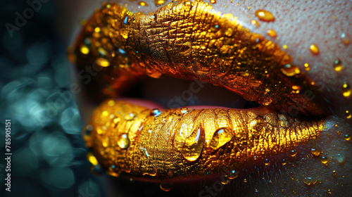 A Gorgeous Women Wet Lips With Gold Color with Gold Color Glistering Lipstick Blurry Background