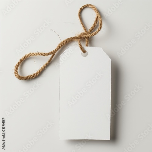 A blank white paper tag tied with a natural twine, isolated on a light background, implying branding and personalization possibilities.