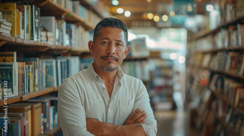 Confident Scholar: A Man Posing in a Bookstore 