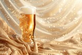 Glass of beer with splashes on golden satin background, closeup
