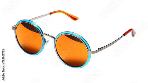 A pair of sunglasses with silver frame and orange lenses, featuring circular shapes on the sides