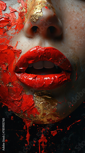 Beautiful Women Dark Red Lips With Red and Gold Liquid Color Lipstick Blurry Background