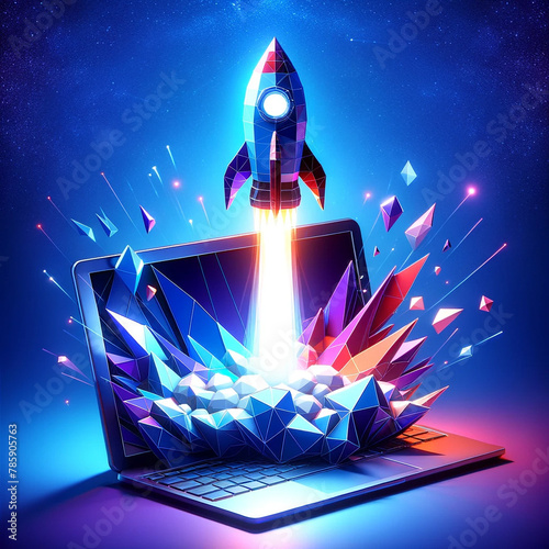 A computer screen with a rocket blasting off. The image is colorful and dynamic, with the rocket taking up most of the screen. The idea behind the image is to convey a sense of excitement