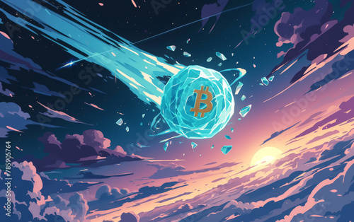 A glowing blue Bitcoin coin flies through a surreal sky, leaving a trail of glittering fragments in its wake.