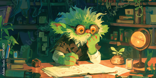 A mad scientist goblin is working on a potion in his laboratory.