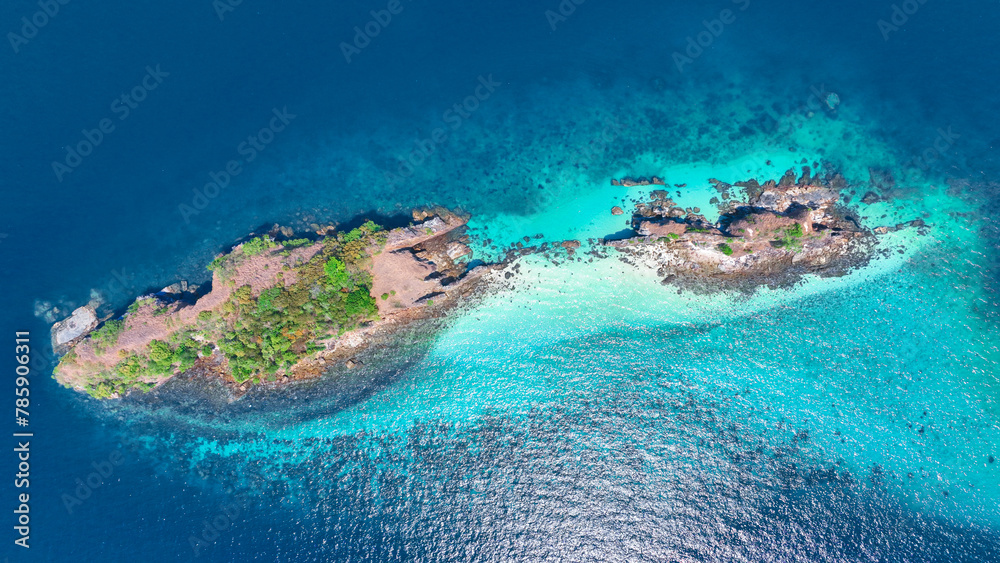 Aerial view of the islands, Andaman Sea, natural clear blue water. Tropical sea, beautiful scenery of the island. The island is called Dragon Island in  Myanmar,