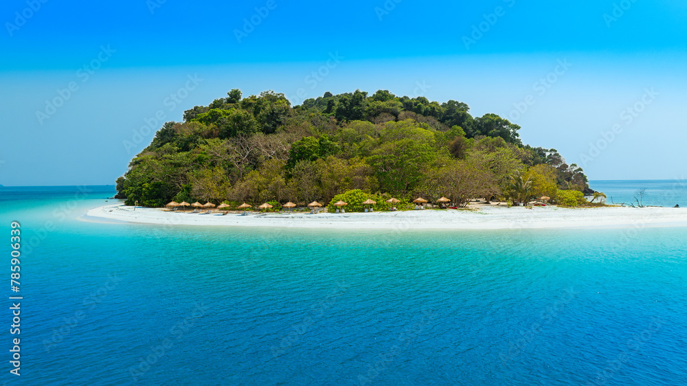 Fototapeta premium Aerial view of the islands, Andaman Sea, natural clear blue water. Tropical sea, beautiful scenery of the island. The island sali in Myanmar,