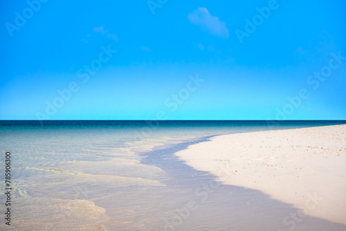 Fototapeta Naklejka Na Ścianę i Meble -  Nature of the beach and sea Summer with sunshine, sandy beaches, clear blue waters sparkling against the blue sky. On an island with good ecology and environment Background for summer vacation concept