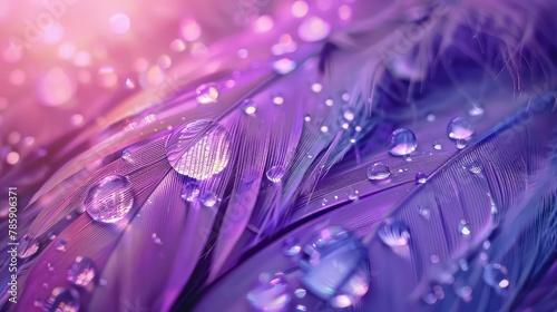  A mesmerizing image showcasing a close-up view of a vibrant purple bird feather adorned with delicate water droplets. 
