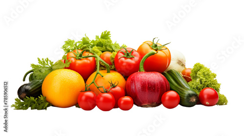 An image of fresh vegetables and fruits  with the main focus on tomatoes  green leaves  red onion  and yellow zucchini on a white background