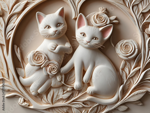 Amazing Illustration Art  white carved relief art sculpture with  cute kids mother with cat on branch and roses, ornate decorative wallpaper