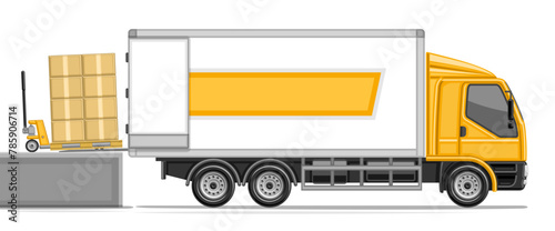 Vector illustration of Loading Truck, horizontal header with profile side view pallet jack load order with post parcels into delivery truck, commerce lorry truck with yellow cabin on white background