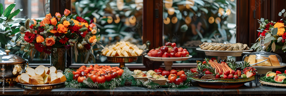 A luxurious buffet spread showcasing a variety of delicious dishes and decorative accents