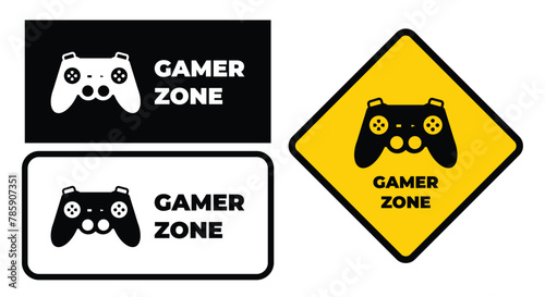 Gamer zone banner poster sticker illustration set group bundle. Simple flat video game player sign drawing for prints.