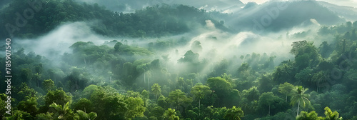 In the serene morning light, fog blankets the lush forest, creating a mystical atmosphere in the tranquil landscape. photo