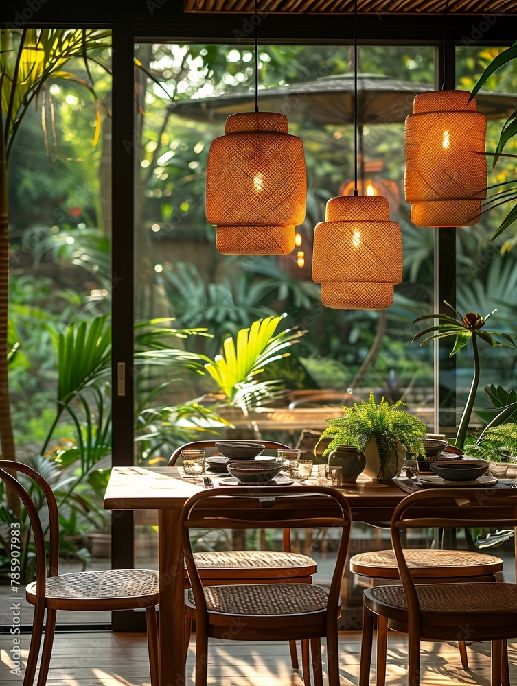 Cozy Dining Setup with Wicker Pendant Lights and Lush Garden View