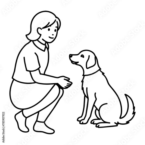 "Minimalist Line Art: Sister Feeding Dog"