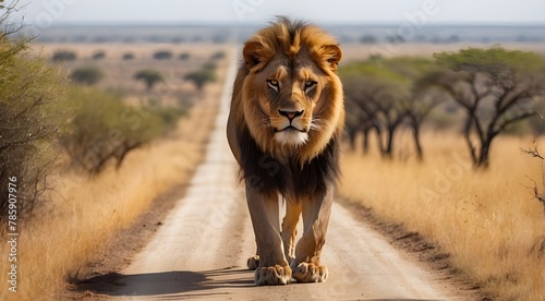 A large, stunning wild lion approaching the camera on a road through a dirty bush. grass and trees in the savanna blurred in the background © Ali Khan