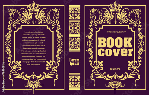 Ornate leather book cover and Old retro ornament frames. Royal Golden style design. Historical novel. Oriental style Vector illustration. Hand drawn illustration