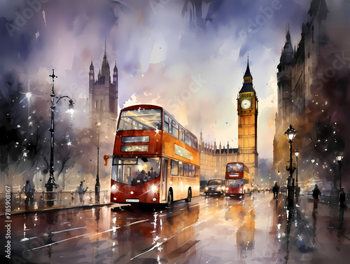 Watercolor London by night Wall Art, generated ai