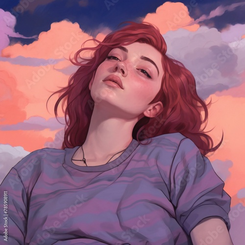 Portrait of a beautiful red-haired girl with pink hair