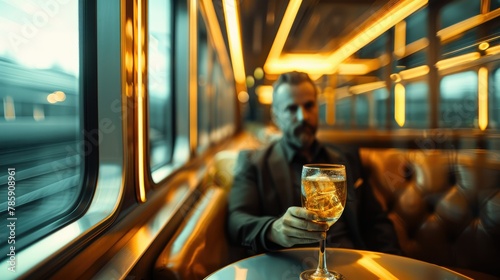 A train passenger inside train board lounge, holding a refreshing drink, premium luxurious gold status. Generative AI.