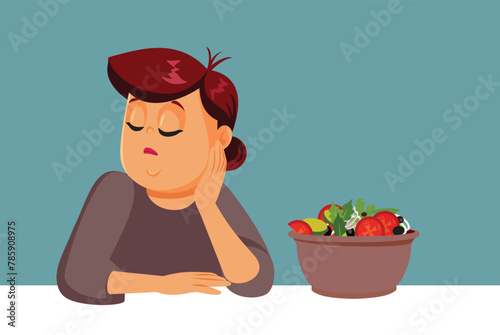 Overweight Woman Feeling Hungry During Diet Vector Illustration. Adult person fighting obesity trying to loose weight 
