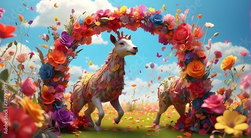 Imaginary Animal, floral garlands, lively and playful, Playing about in a colorful field that has been transformed into a canvas, bright day, 3D Animator, Sunlight
