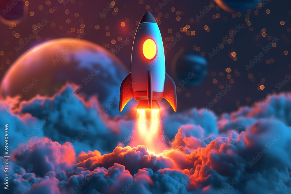 Fototapeta premium Colorful Cartoon Rocket Launching in a Fantasy World