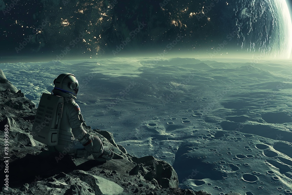 Astronaut Contemplating on a Rocky Alien Moon