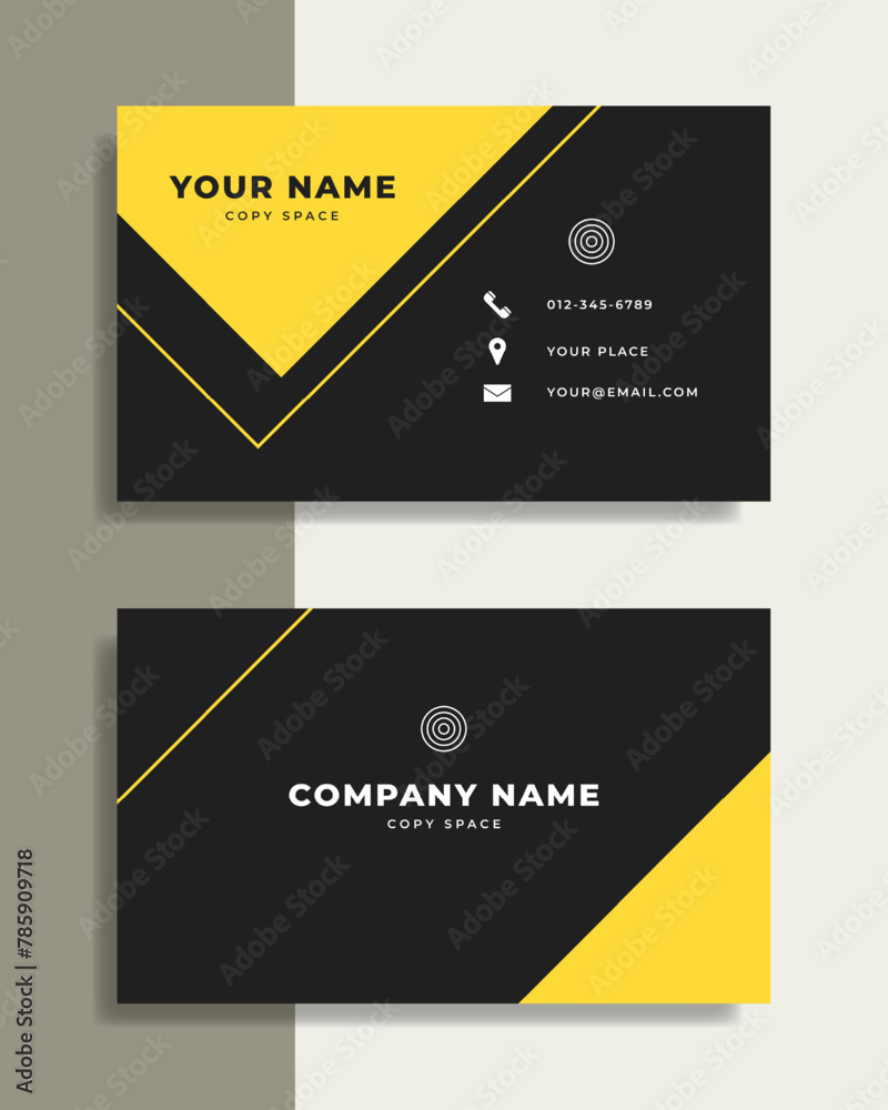 Double sided contemporary geometric business card. Diagonal shapes and lines with yellow and black colors. Double sided contemporary geometric business card. Diagonal shapes and lines with yellow and black colors.
