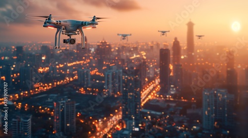 Drones Flying Over Urban Cityscape at Sunset