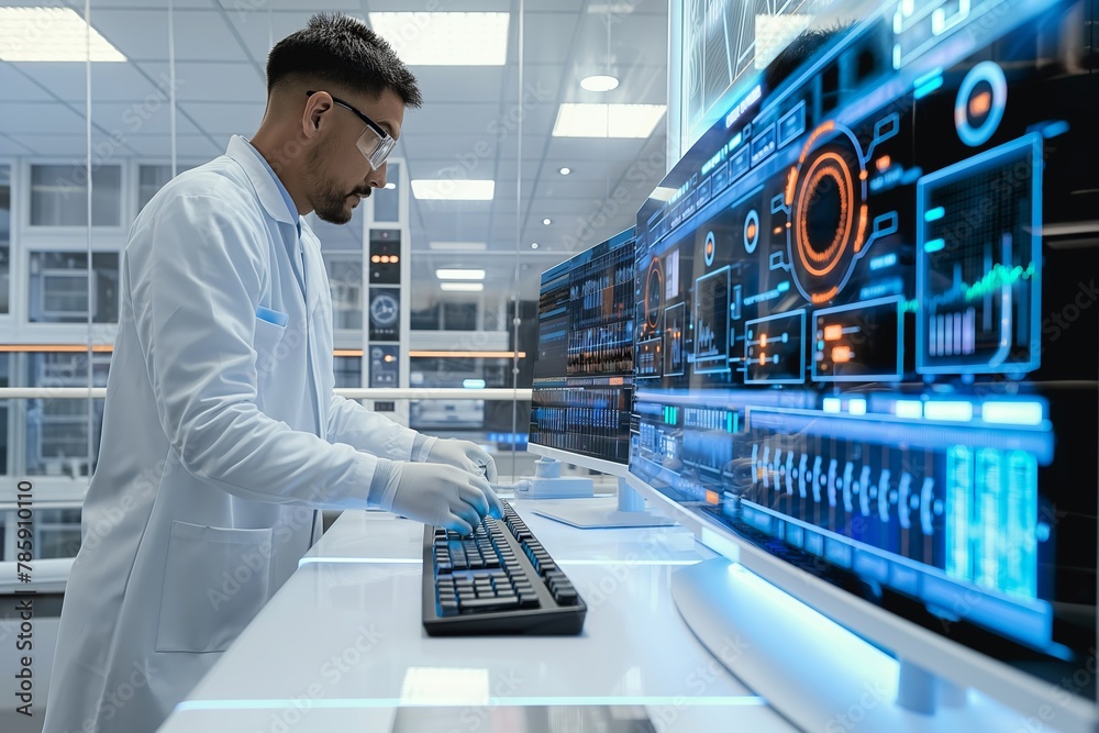 Scientist Analyzing Data on Futuristic Interface Screens Scientist Analyzing Data on Futuristic Interface Screens