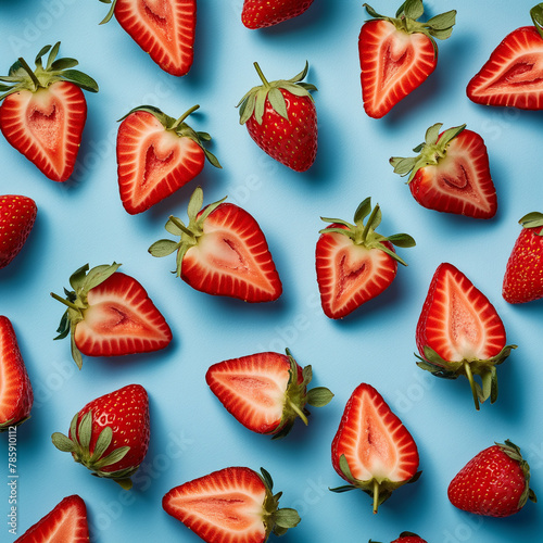 Fresh sliced strawberries on blue background