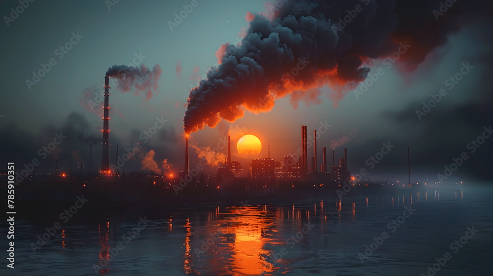 Dusk Descends on an Industrial Powerhouse Enveloped in Ominous Toxicity and Smoke