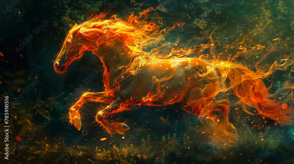 A fantastical depiction of a fiery horse galloping through an enchanted forest, its mane and body ablaze with ethereal flames
