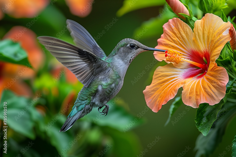 Naklejka premium A hummingbird in mid-flight feeding from a vibrant hibiscus flower, captured in stunning detail against a lush green backdrop