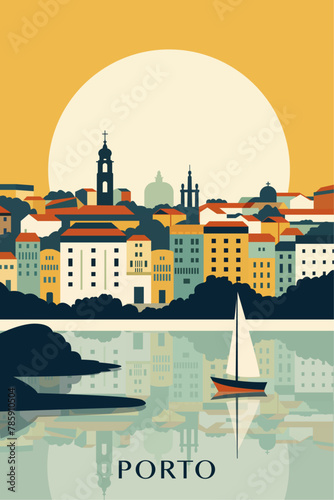 Porto retro city poster with abstract shapes of skyline, buildings. Vintage Portugal town travel vector illustration
