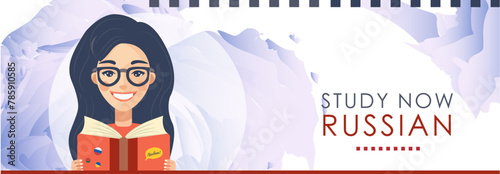 Russian language school, online courses concept with happy young girl, book, dictionary. Vector flat image for banner, poster, advertising