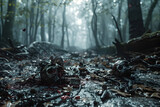 Eerie Forest Floor Littered with Grim Remnants of Unseen Horrors