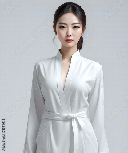 Beautiful asian woman in white bathrobe on white background