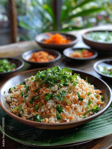 A cozy family meal in a natural setting, featuring homemade Thai fried rice.