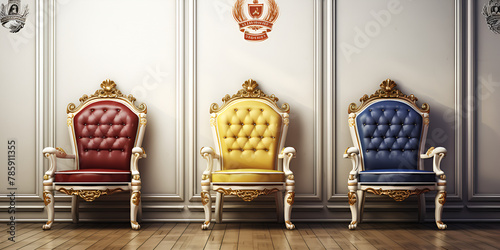 A living room with three chair promotion modern design creative with grey wall background
 photo