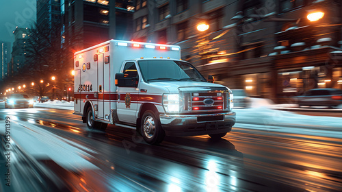 Ambulance at speed rendered in dramatic motion blur critical role of first responders. Generative AI.