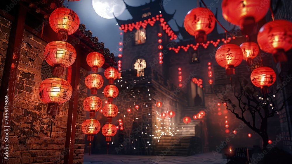 A beautiful display of red Chinese hanging lanterns, their vibrant color creating a striking contrast against the surroundings, adding a festive and cultural touch to the setting.